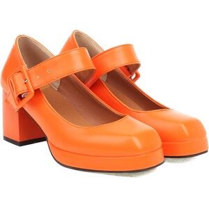 Matte Orange Chunky Platform Mary Jane Pumps Square Toe Buckled Ankle Strap 3”